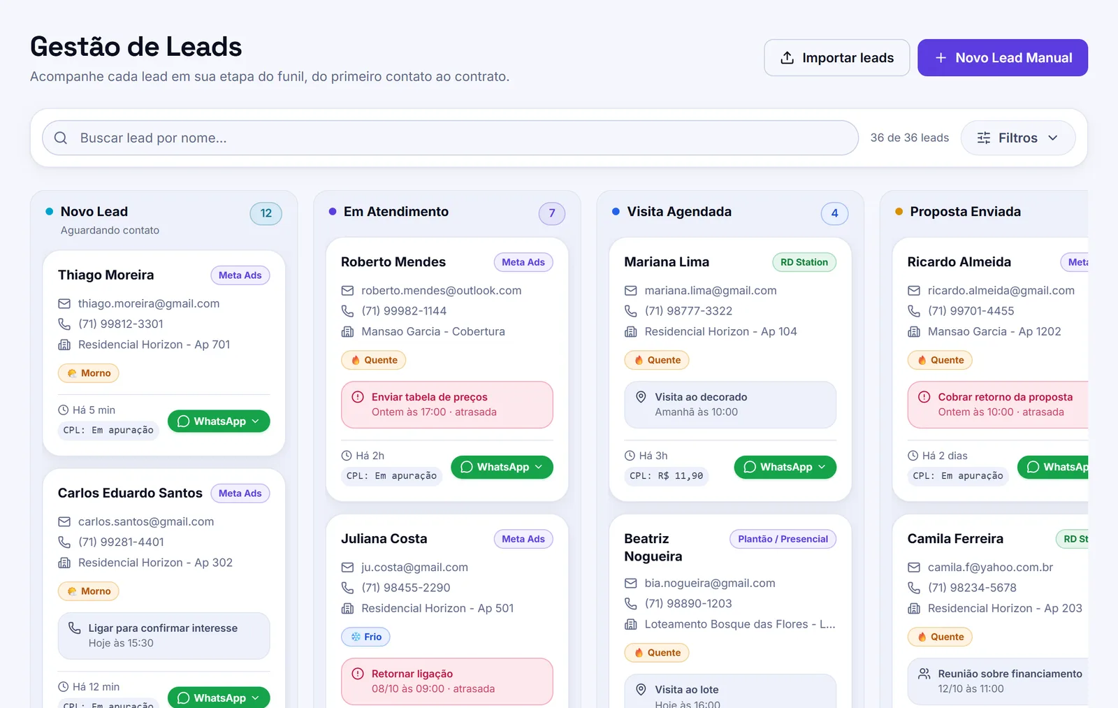 Kanban de leads do Cygna CRM com os contatos por etapa do funil
