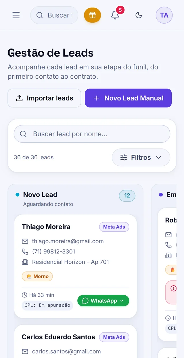 Kanban de leads do Cygna CRM no celular